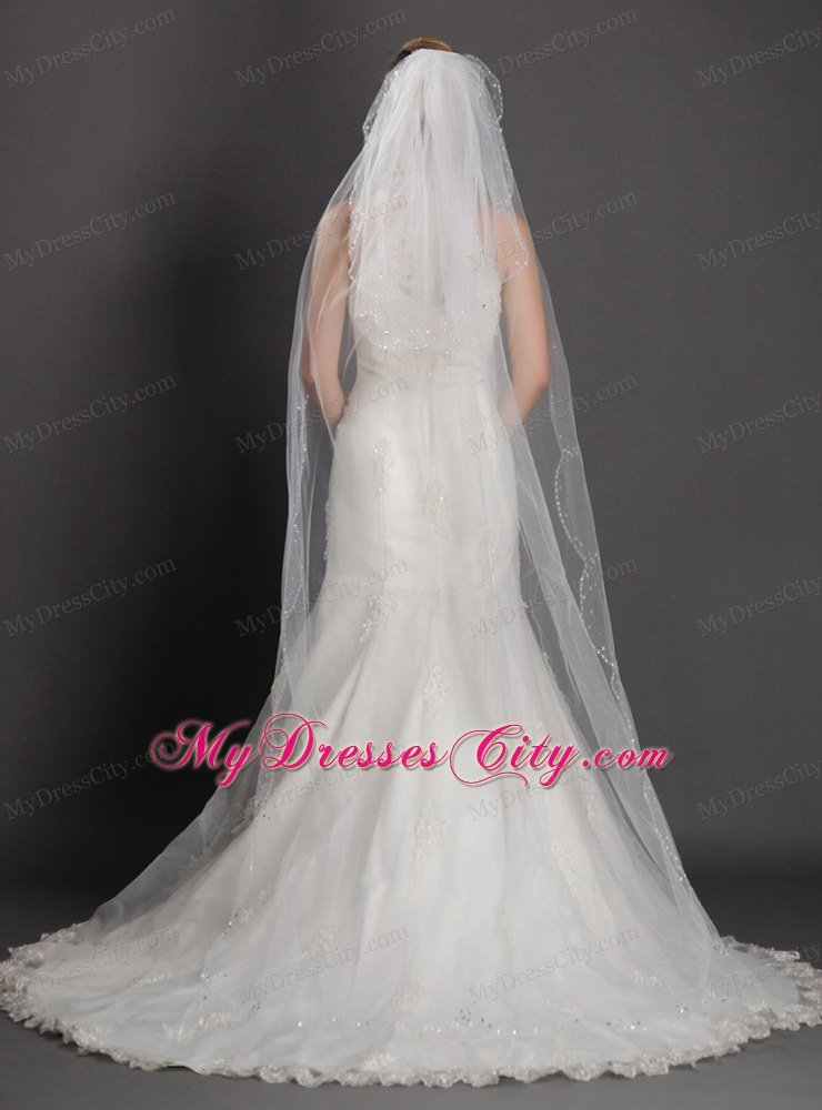 Two-tier Tulle With Pearls Fingertip Veil