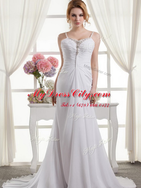 Popular A-line Sleeveless White Wedding Dress Brush Train Zipper