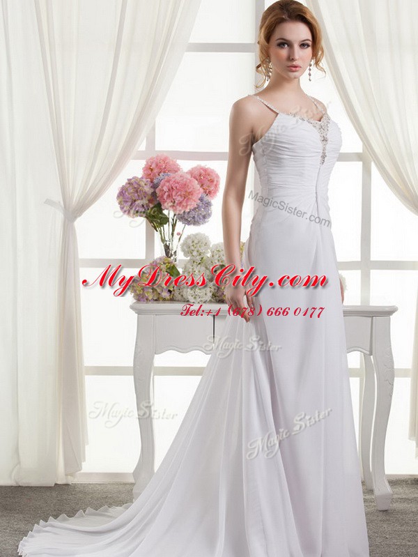 Popular A-line Sleeveless White Wedding Dress Brush Train Zipper