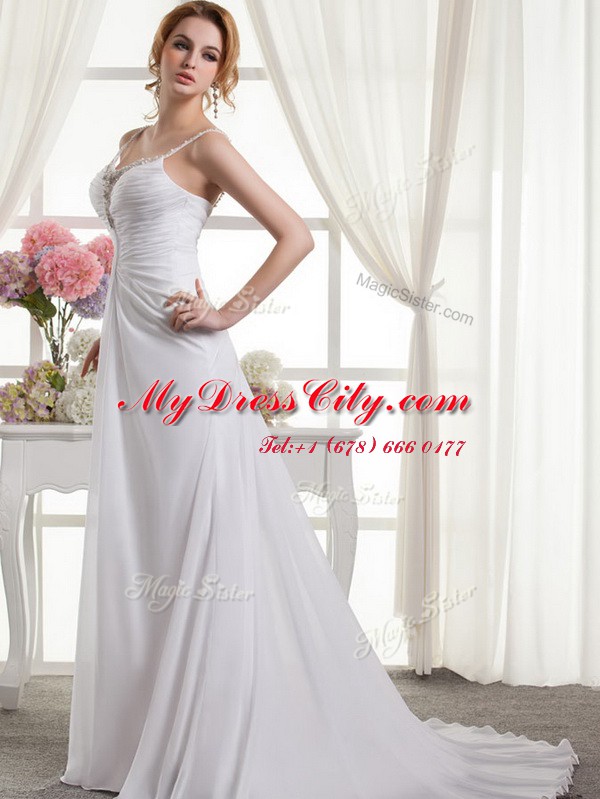 Popular A-line Sleeveless White Wedding Dress Brush Train Zipper