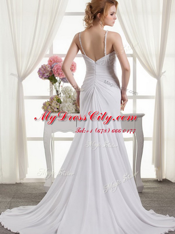 Popular A-line Sleeveless White Wedding Dress Brush Train Zipper