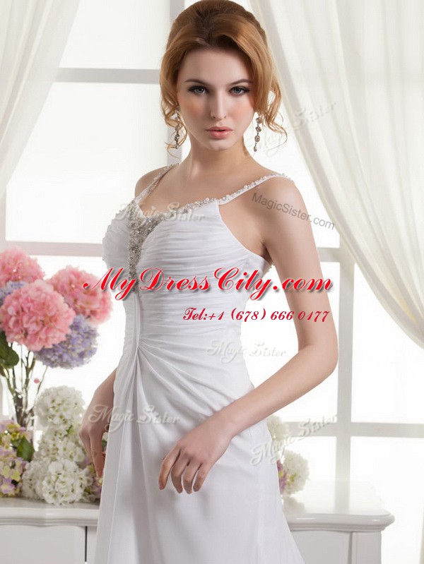 Popular A-line Sleeveless White Wedding Dress Brush Train Zipper