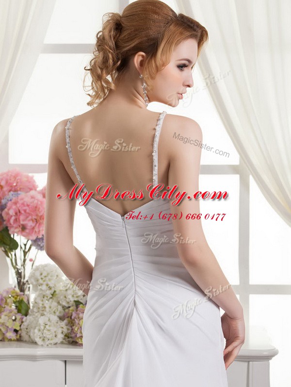 Popular A-line Sleeveless White Wedding Dress Brush Train Zipper