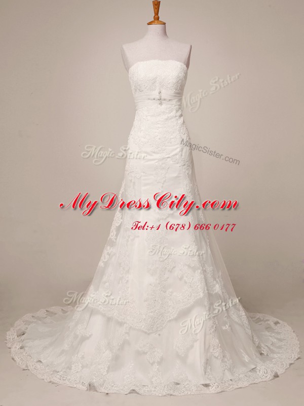 Dazzling Strapless Sleeveless Lace Wedding Dresses Lace Brush Train Lace Up