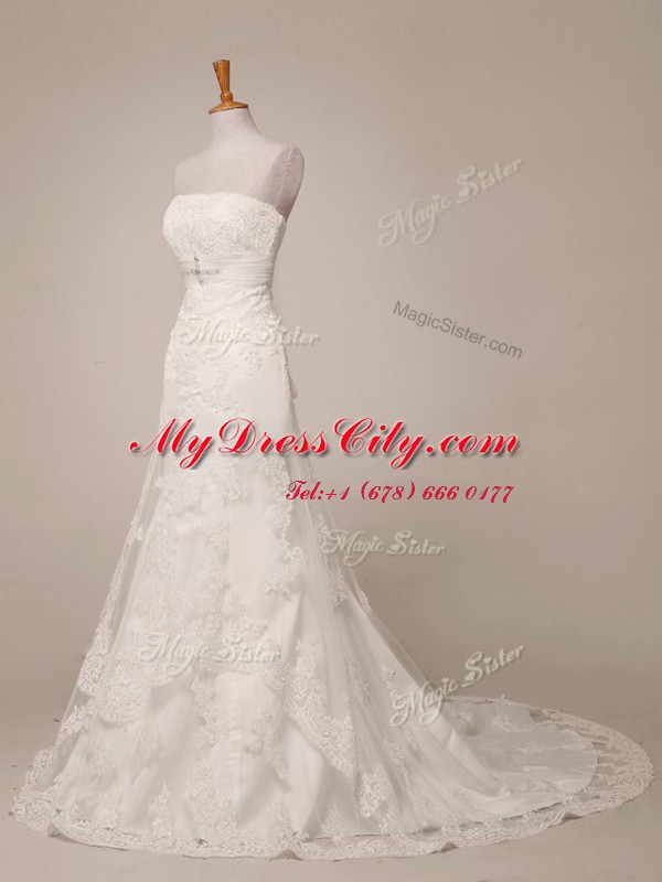 Dazzling Strapless Sleeveless Lace Wedding Dresses Lace Brush Train Lace Up