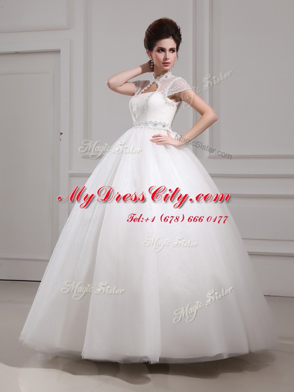 Glittering Halter Top A-line Wedding Dresses White High-neck Tulle Cap Sleeves Floor Length Lace Up