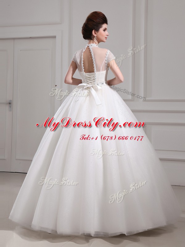 Glittering Halter Top A-line Wedding Dresses White High-neck Tulle Cap Sleeves Floor Length Lace Up