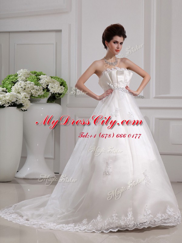 Beauteous Sleeveless With Train Beading and Appliques Side Zipper Wedding Gowns with White Brush Train