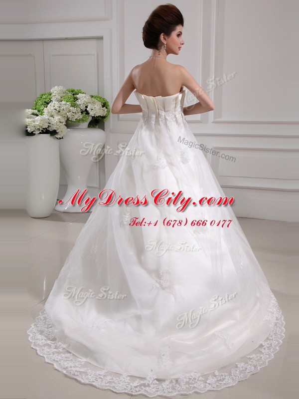 Beauteous Sleeveless With Train Beading and Appliques Side Zipper Wedding Gowns with White Brush Train