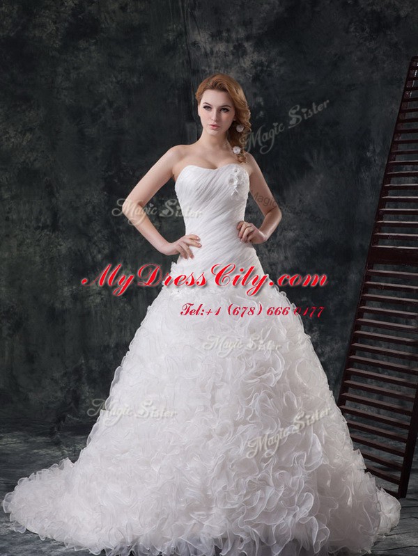 Sweet Sweetheart Sleeveless Court Train Lace Up Wedding Gown White Organza and Fabric With Rolling Flowers