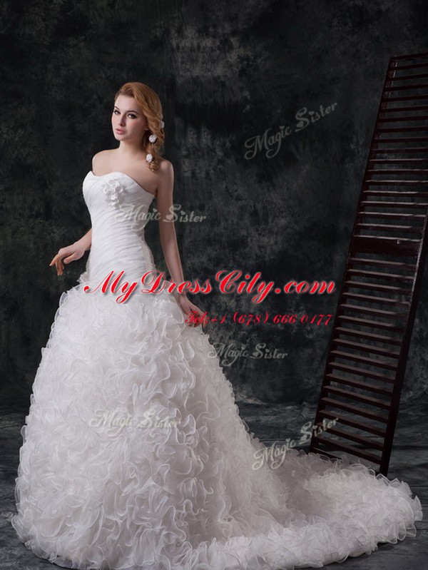 Sweet Sweetheart Sleeveless Court Train Lace Up Wedding Gown White Organza and Fabric With Rolling Flowers