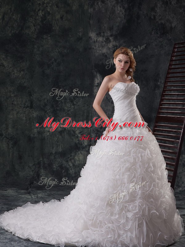 Sweet Sweetheart Sleeveless Court Train Lace Up Wedding Gown White Organza and Fabric With Rolling Flowers