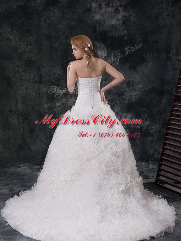 Sweet Sweetheart Sleeveless Court Train Lace Up Wedding Gown White Organza and Fabric With Rolling Flowers