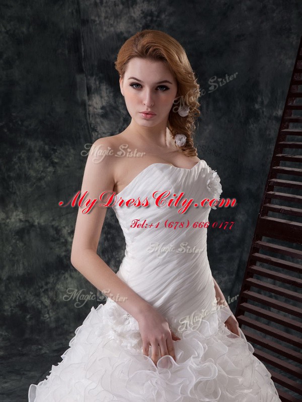 Sweet Sweetheart Sleeveless Court Train Lace Up Wedding Gown White Organza and Fabric With Rolling Flowers