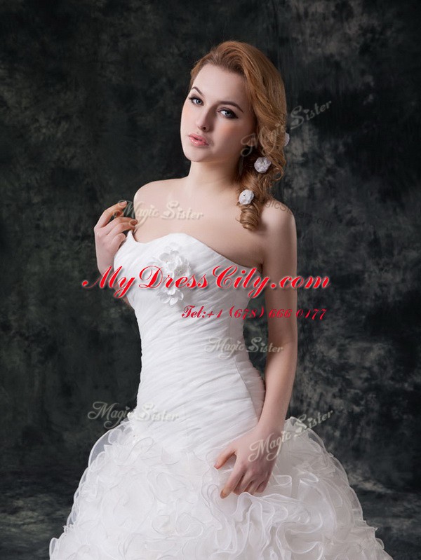 Sweet Sweetheart Sleeveless Court Train Lace Up Wedding Gown White Organza and Fabric With Rolling Flowers