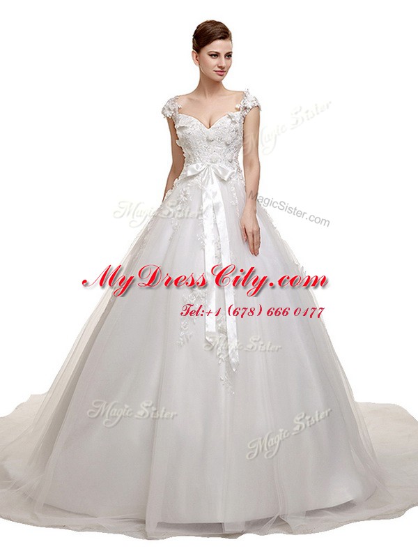 Modern Sleeveless With Train Appliques and Sashes ribbons Lace Up Wedding Gown with White Chapel Train