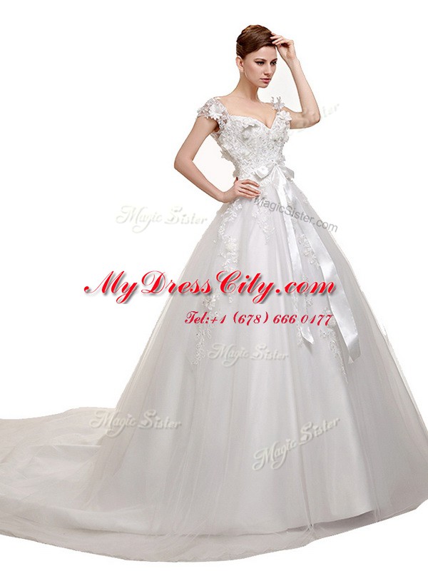 Modern Sleeveless With Train Appliques and Sashes ribbons Lace Up Wedding Gown with White Chapel Train