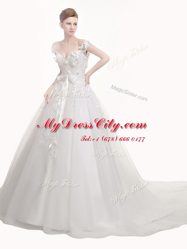 Modern Sleeveless With Train Appliques and Sashes ribbons Lace Up Wedding Gown with White Chapel Train