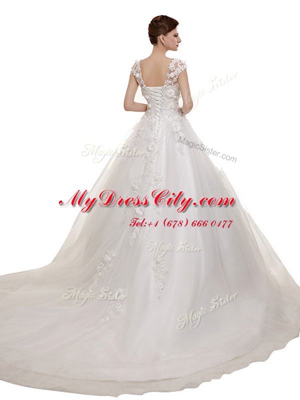 Modern Sleeveless With Train Appliques and Sashes ribbons Lace Up Wedding Gown with White Chapel Train