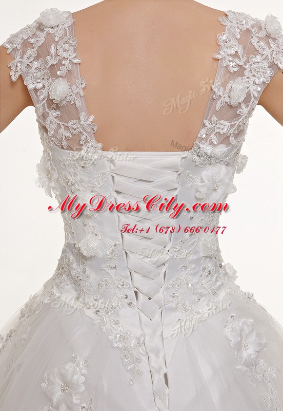 Modern Sleeveless With Train Appliques and Sashes ribbons Lace Up Wedding Gown with White Chapel Train