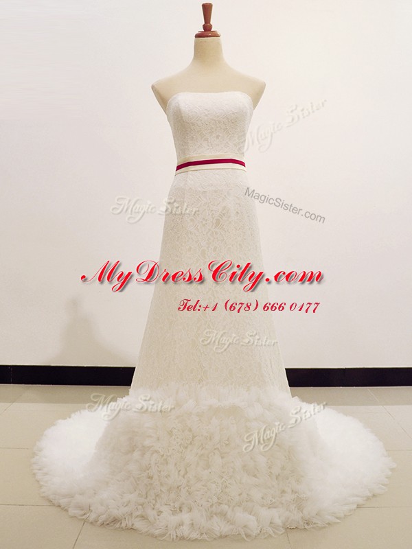 White Zipper Wedding Dresses Lace Sleeveless Sweep Train