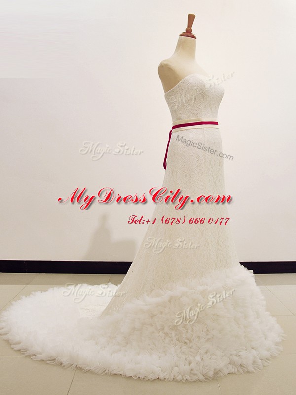 White Zipper Wedding Dresses Lace Sleeveless Sweep Train