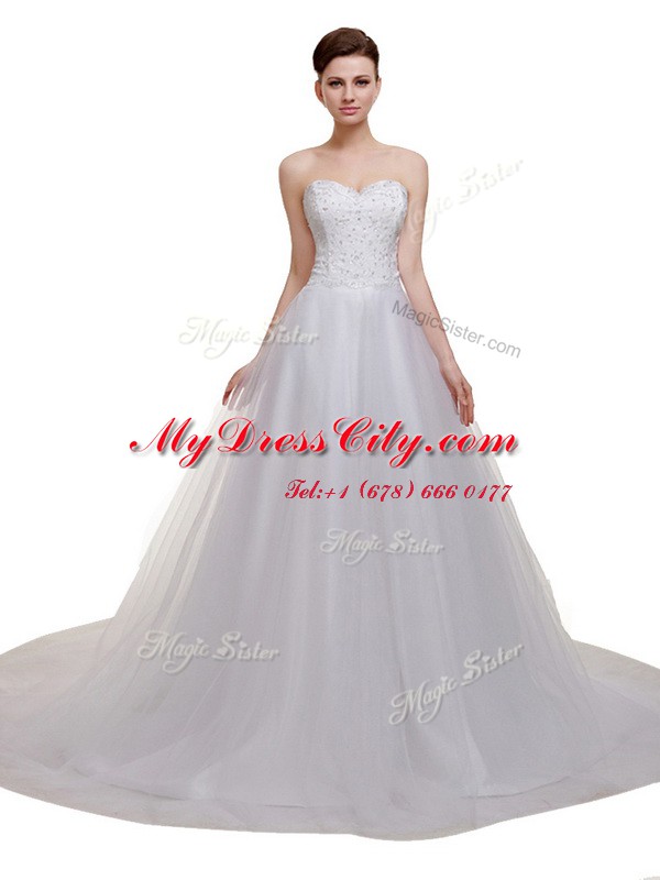 White Sweetheart Lace Up Beading and Lace and Appliques Wedding Dresses Court Train Sleeveless