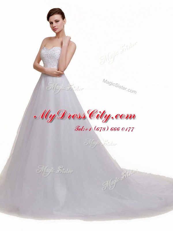 White Sweetheart Lace Up Beading and Lace and Appliques Wedding Dresses Court Train Sleeveless