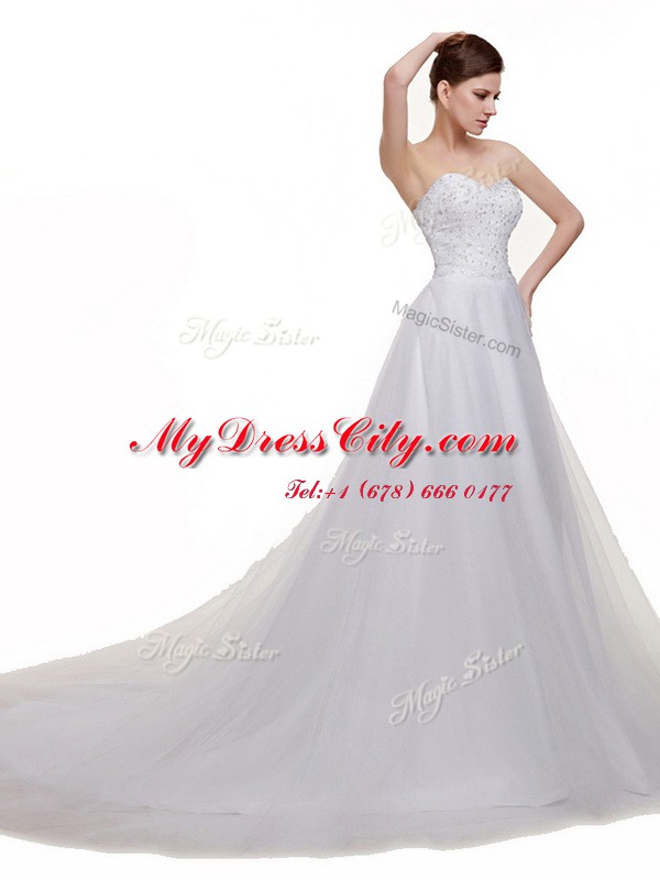 White Sweetheart Lace Up Beading and Lace and Appliques Wedding Dresses Court Train Sleeveless