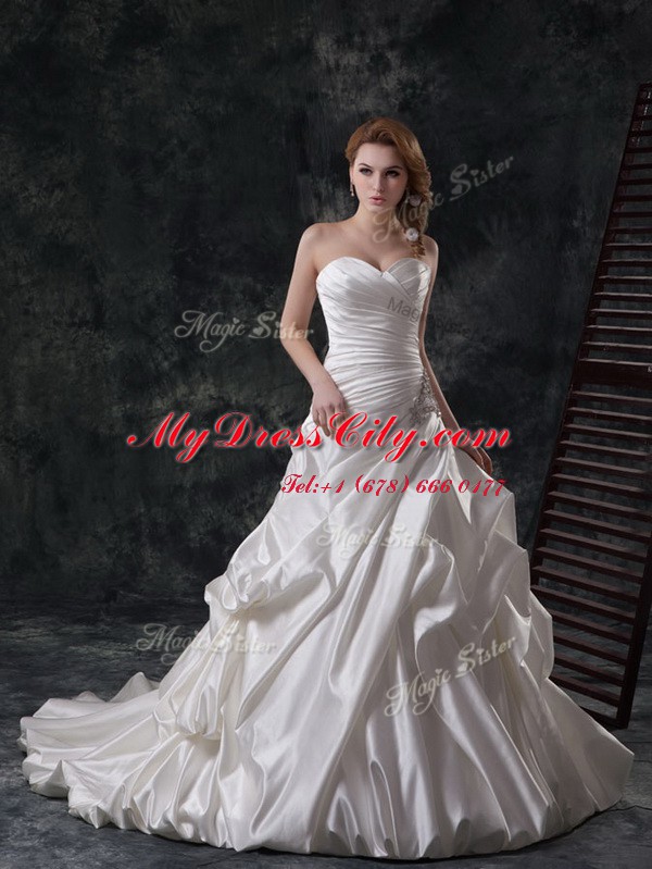 Sweetheart Sleeveless Taffeta Wedding Gown Beading and Appliques and Ruching and Pick Ups Court Train Lace Up