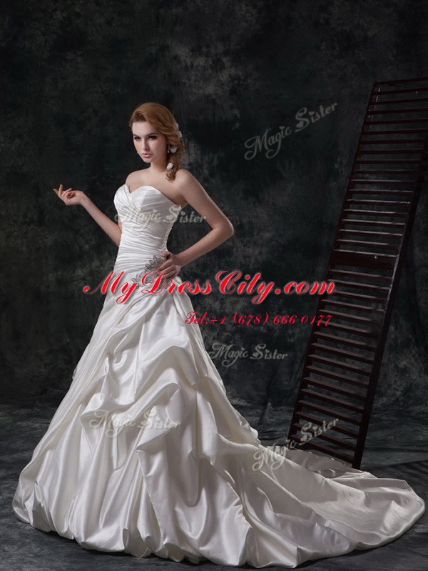 Sweetheart Sleeveless Taffeta Wedding Gown Beading and Appliques and Ruching and Pick Ups Court Train Lace Up