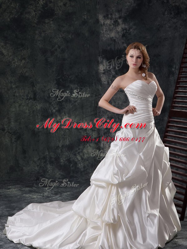 Sweetheart Sleeveless Taffeta Wedding Gown Beading and Appliques and Ruching and Pick Ups Court Train Lace Up