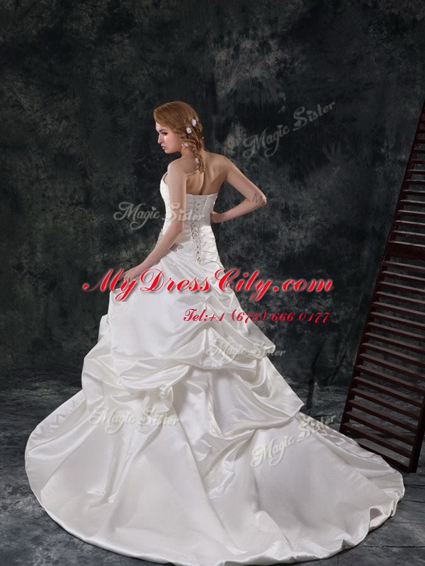 Sweetheart Sleeveless Taffeta Wedding Gown Beading and Appliques and Ruching and Pick Ups Court Train Lace Up