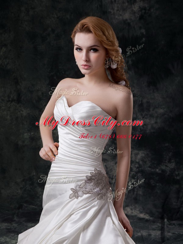 Sweetheart Sleeveless Taffeta Wedding Gown Beading and Appliques and Ruching and Pick Ups Court Train Lace Up