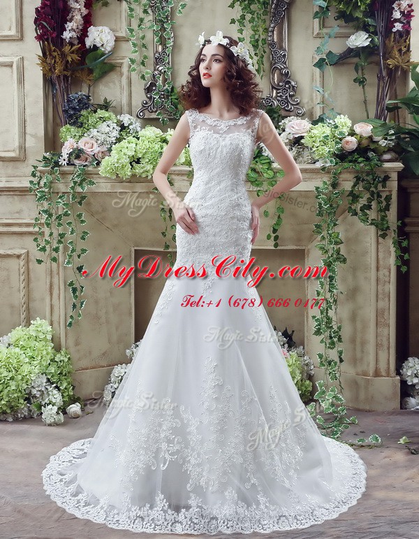 Gorgeous Mermaid Scoop See Through Sleeveless Lace Brush Train Backless Wedding Gown in White with Beading and Appliques