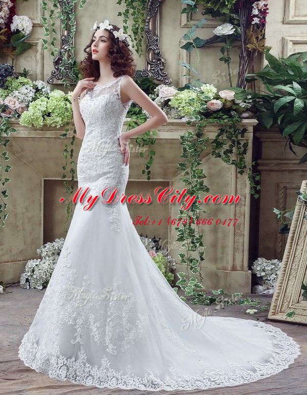 Gorgeous Mermaid Scoop See Through Sleeveless Lace Brush Train Backless Wedding Gown in White with Beading and Appliques