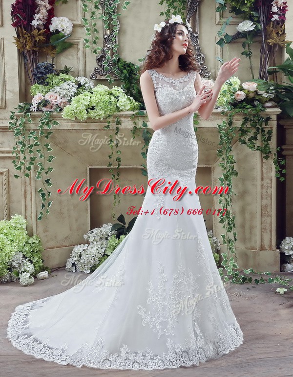 Gorgeous Mermaid Scoop See Through Sleeveless Lace Brush Train Backless Wedding Gown in White with Beading and Appliques