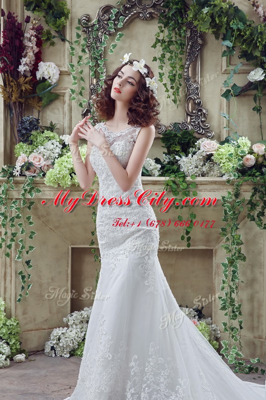 Gorgeous Mermaid Scoop See Through Sleeveless Lace Brush Train Backless Wedding Gown in White with Beading and Appliques