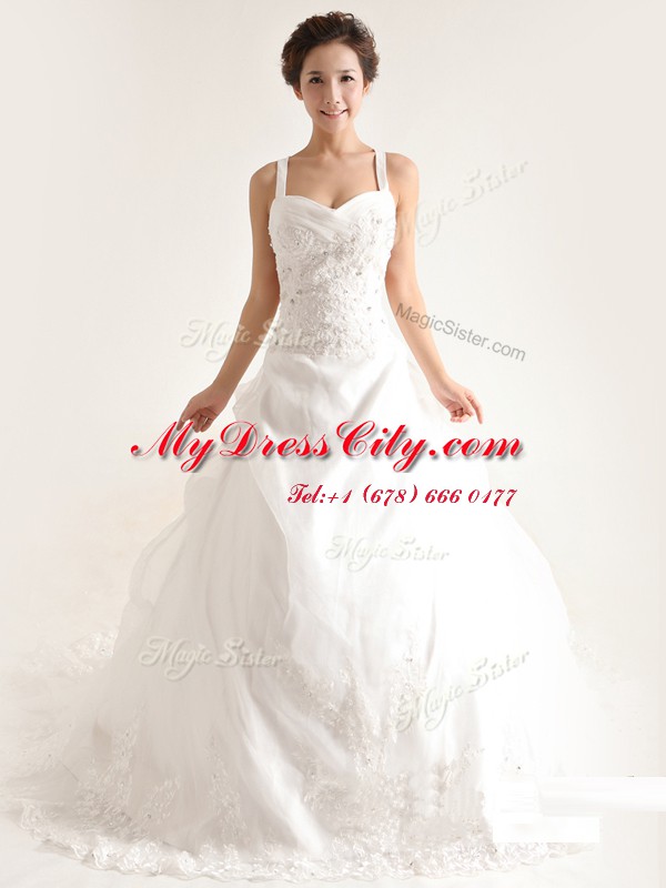 Straps Sleeveless Lace Wedding Gowns Lace and Appliques and Hand Made Flower Brush Train Criss Cross