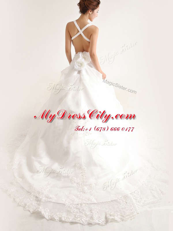 Straps Sleeveless Lace Wedding Gowns Lace and Appliques and Hand Made Flower Brush Train Criss Cross