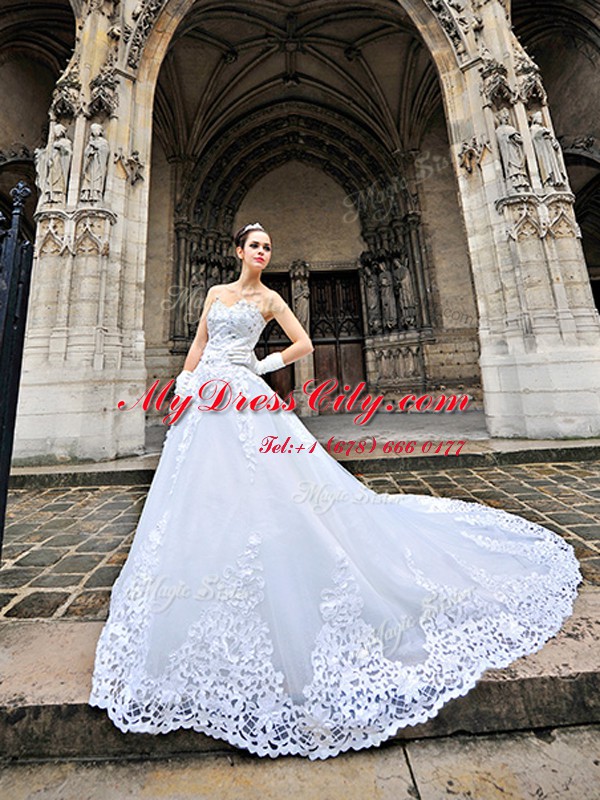 Decent Sweetheart Sleeveless Tulle Wedding Gowns Beading and Appliques Chapel Train Lace Up