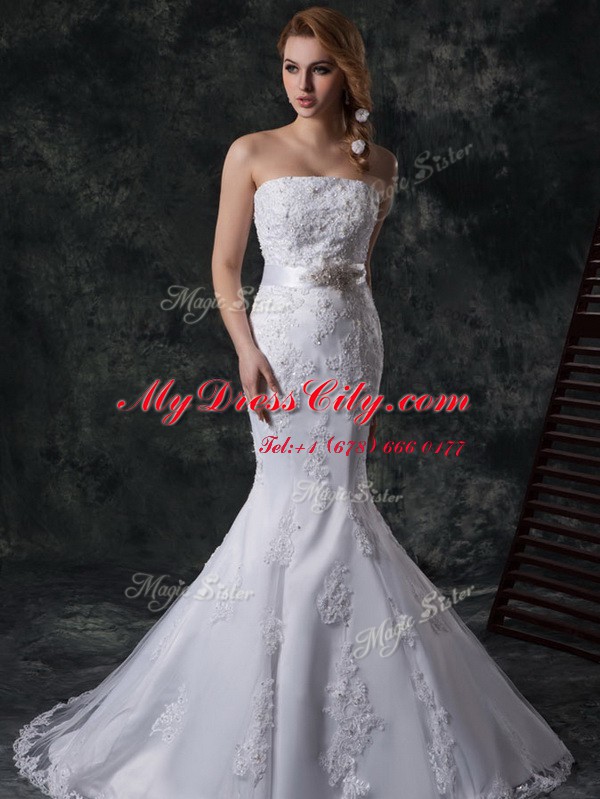 Classical Mermaid Strapless Sleeveless Lace Up Wedding Dress White Lace