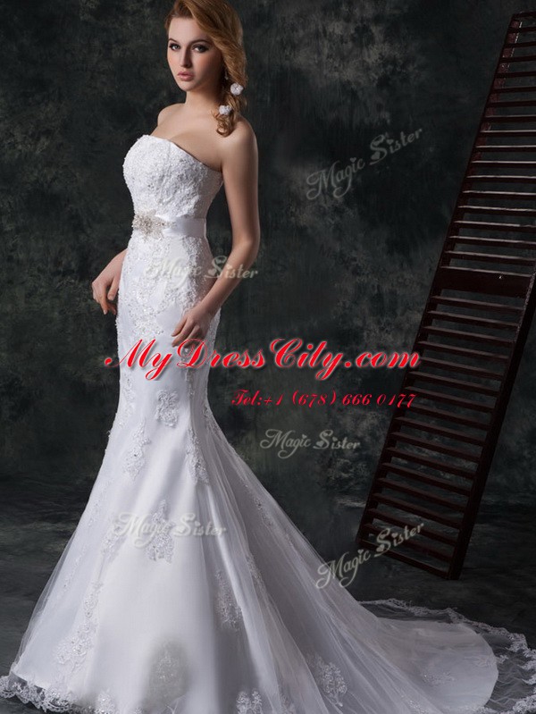 Classical Mermaid Strapless Sleeveless Lace Up Wedding Dress White Lace