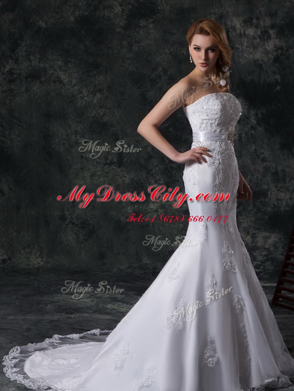 Classical Mermaid Strapless Sleeveless Lace Up Wedding Dress White Lace