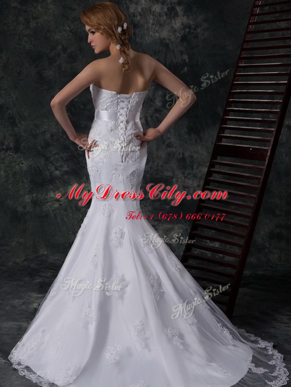 Classical Mermaid Strapless Sleeveless Lace Up Wedding Dress White Lace