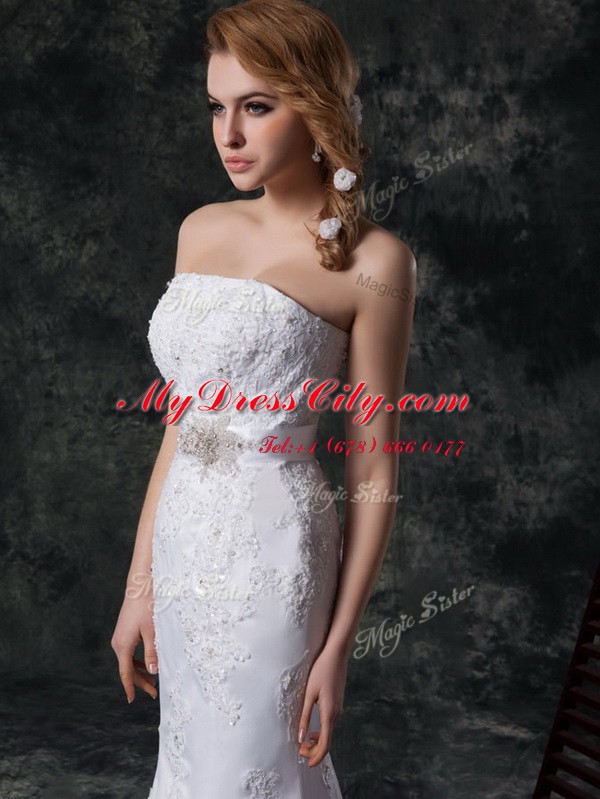 Classical Mermaid Strapless Sleeveless Lace Up Wedding Dress White Lace