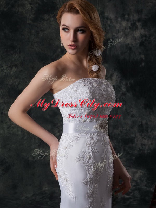 Classical Mermaid Strapless Sleeveless Lace Up Wedding Dress White Lace