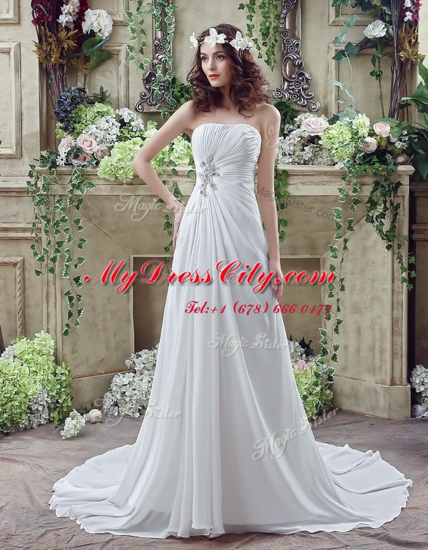 Nice Sleeveless Beading and Appliques and Ruching Lace Up Bridal Gown with White Brush Train