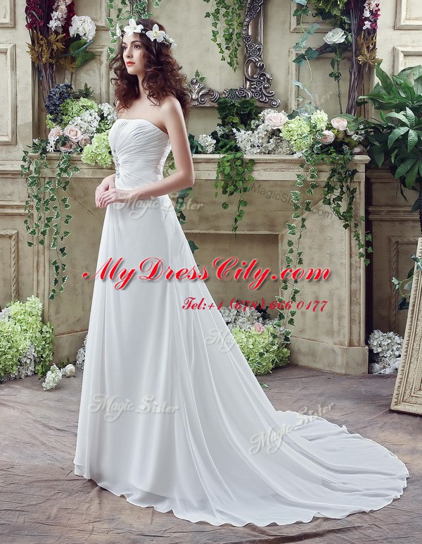 Nice Sleeveless Beading and Appliques and Ruching Lace Up Bridal Gown with White Brush Train