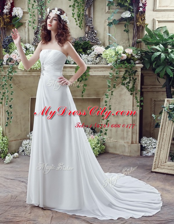 Nice Sleeveless Beading and Appliques and Ruching Lace Up Bridal Gown with White Brush Train